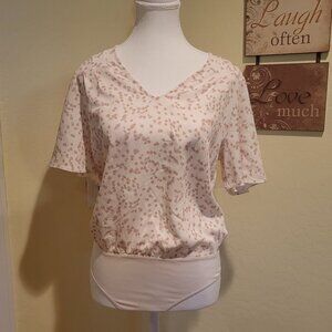 VIOLETS & ROSES BEIGE TAN POLKA DOTS V NECK BODYSUIT BLOUSE WOMEN SIZE SMALL NEW